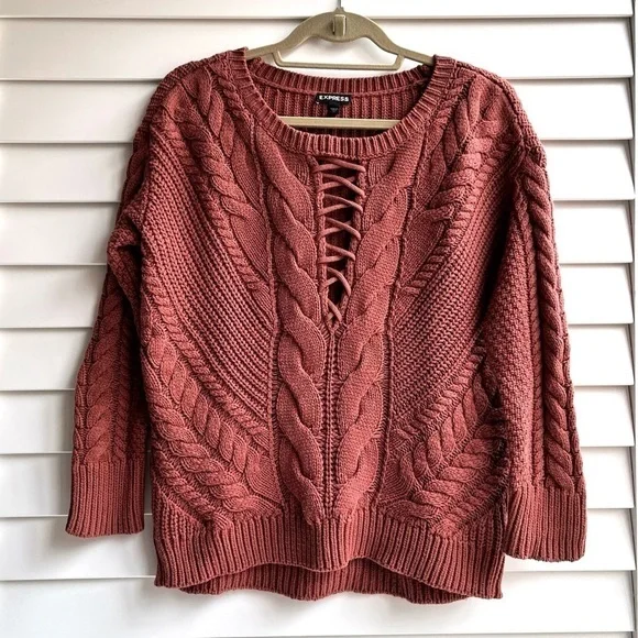 Express Lace-Up Inset Cable Knit Sweater - Picture 5 of 10